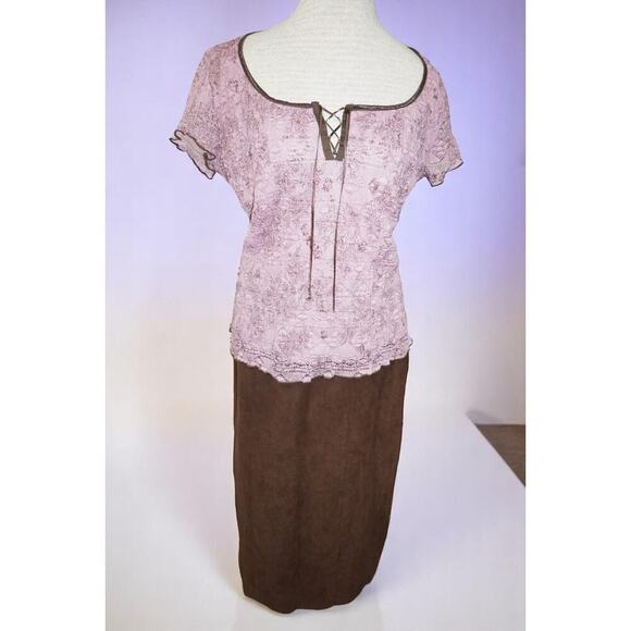 Dressbarn Pink Lace Peasant Top & Brown Midi Skirt Set XL Romantic Y2K Boho - Picture 3 of 14